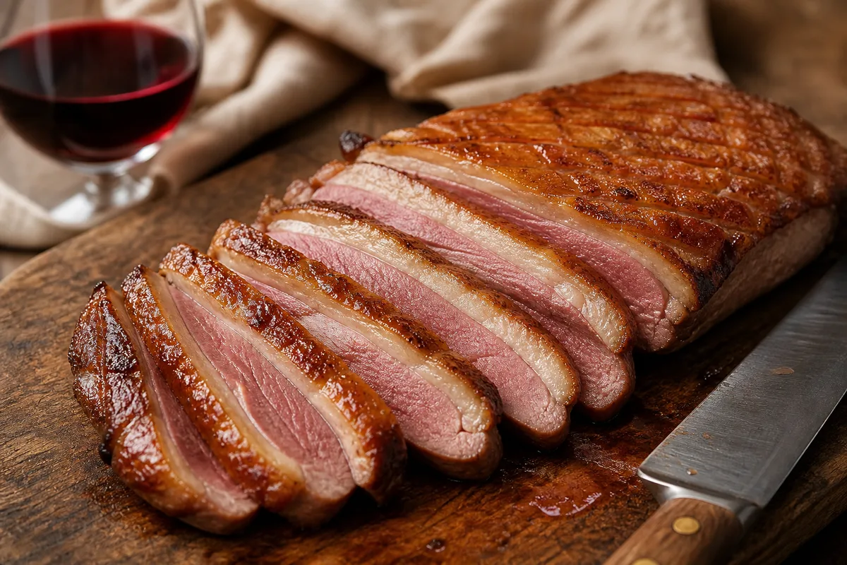 Magret de canard rôti tranché en fines lamelles à la chair rosée, posé sur une planche en bois à côté d’un verre de vin rouge