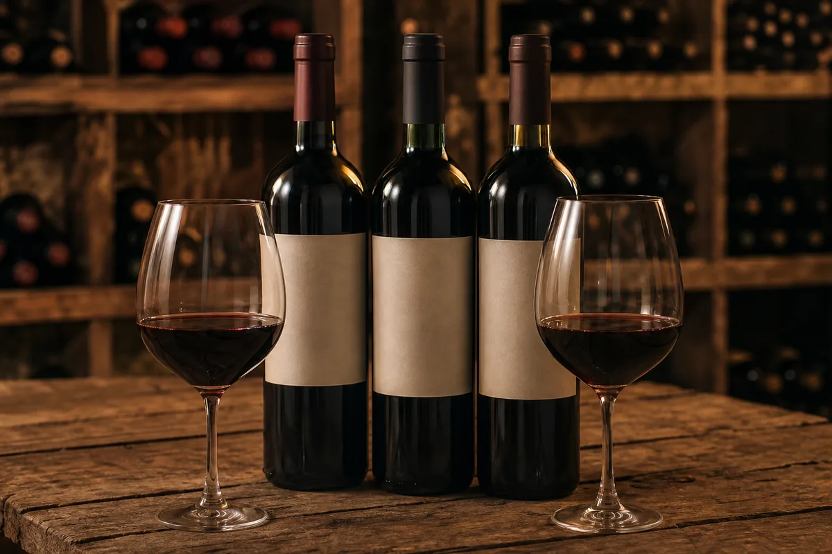 Bouteilles de vin rouge du Sud-Ouest alignées près de deux verres remplis, sur une table en bois dans une lumière chaude de cave