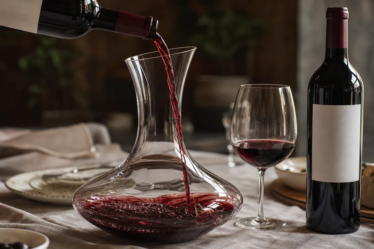 Vin rouge en train d’être versé dans une carafe en verre, à côté d’un verre déjà servi sur une nappe en lin clair