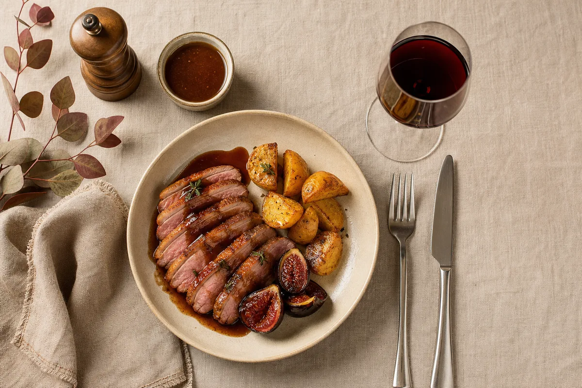 Table dressée avec une assiette de magret de canard tranché, sauce brillante et légumes, accompagnée d’un verre de vin rouge